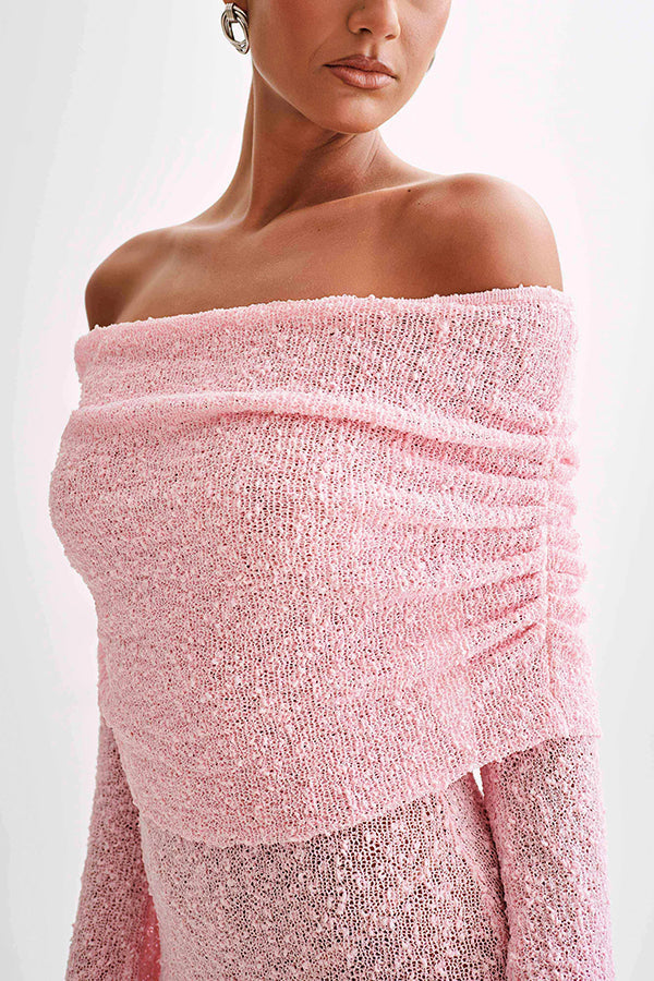 Off Shoulder Cowl Neck Long Sleeve Textured Knit Bodycon Mini Dress