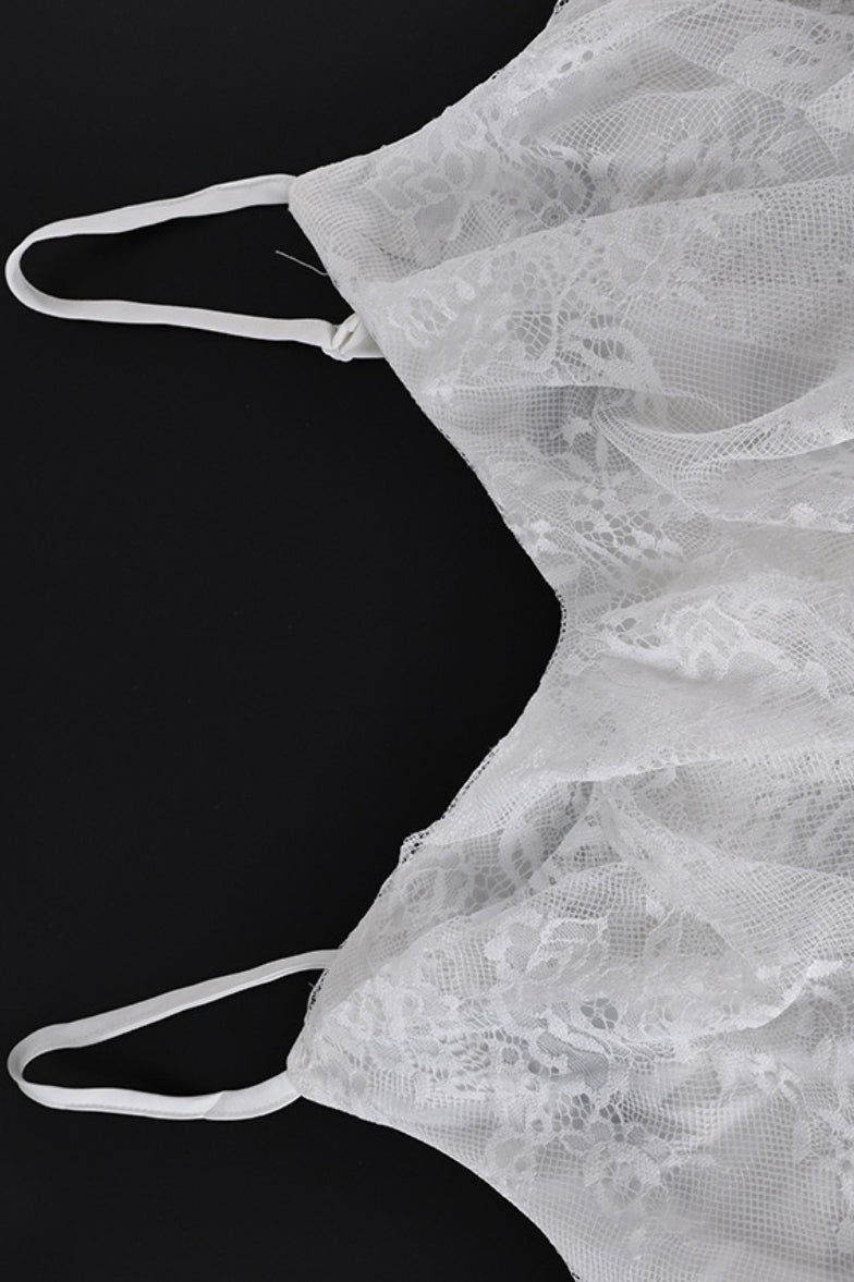 White Spaghetti Strap V Neck Ruffle Trim Lace Patchwork Slit Maxi Dress