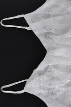 White Spaghetti Strap V Neck Ruffle Trim Lace Patchwork Slit Maxi Dress