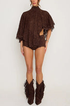 Stylish Openwork Lace Loose Top and Side Zipper Slim-fit Shorts Set