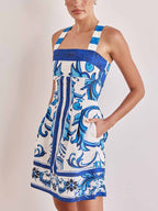 Majolica Tile Print Square Neck Wide Strap Fit and Flare Pocket Mini Dress