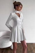 Pinstripe Button Front Choker Cut Out Neck Long Sleeve Pleated Mini Dress