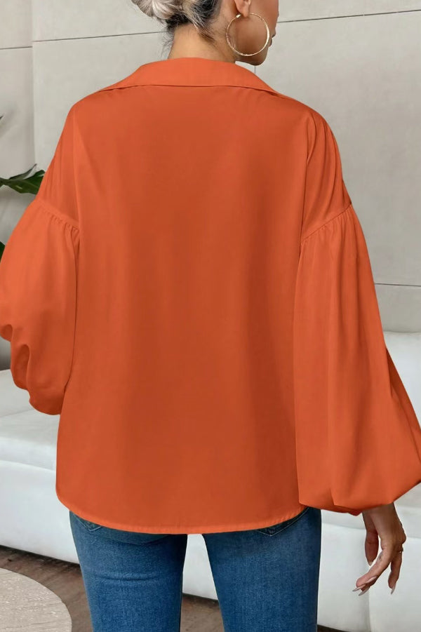 Stylish Polka Dot Print Collared Puff Sleeve Loose Shirt