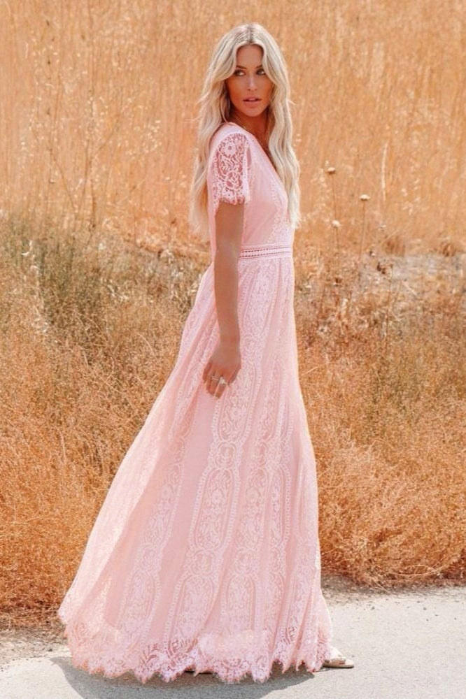 Deep V Neck Lace Cap Sleeve Empire Waist Scalloped Hem Maxi Dress