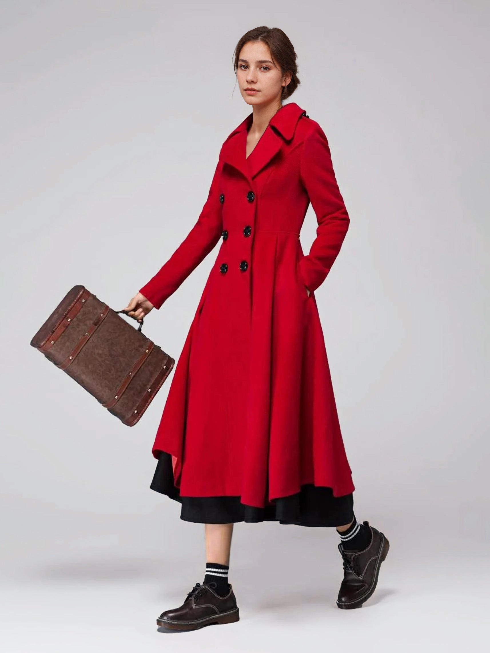 Green Woolen Flared Coat Double-breasted Wide Lapel Winter A-line Midi Outerwear 2026