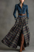 Fashionable Faux Denim Suede Patchwork Long-sleeved Casual Maxi Dress
