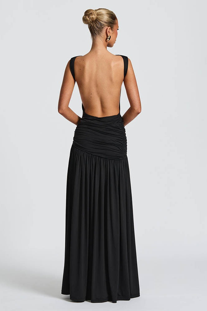 Sleeveless Backless Ruched Waist Brooch Detail Bodycon Maxi Dress