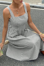 Square Neck Vertical Stripe Dropped Waist A Line Midi Dress