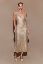 Sequin Halter Neck Deep V-Neck Bodycon Midi Dress