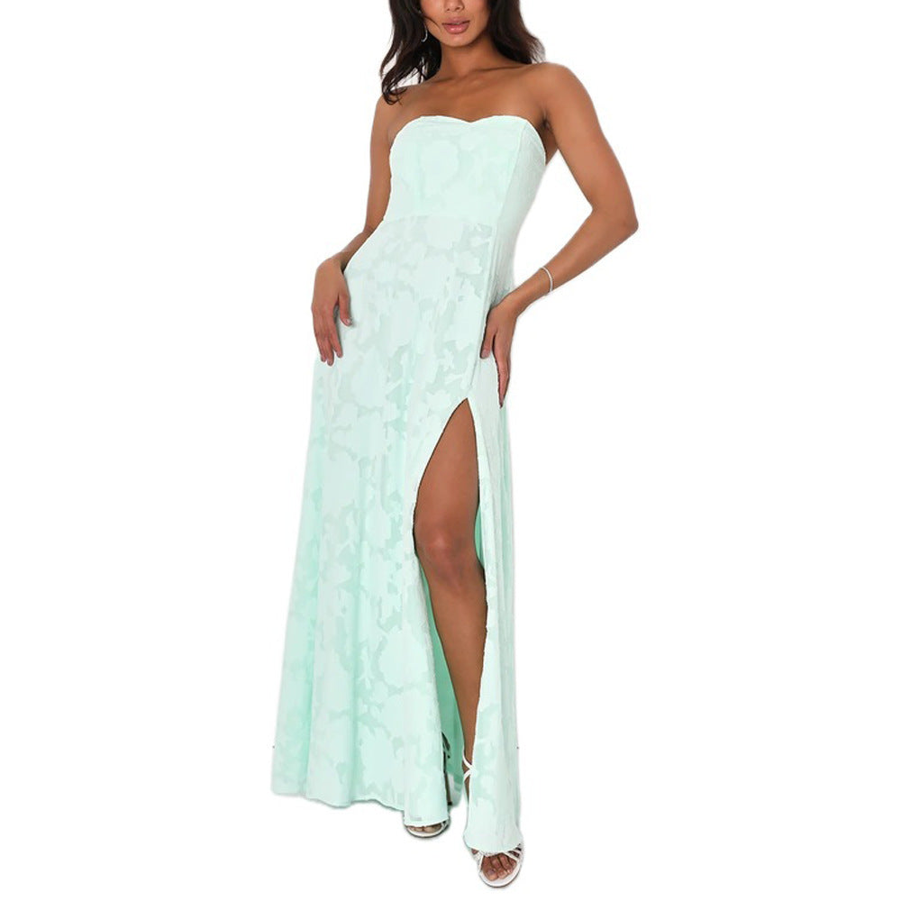 Embroidered Strapless Dress with Front Slit