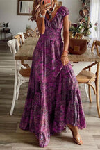 Paisley Print Ruffle V Neck Smocked Waist Tiered Maxi Dress