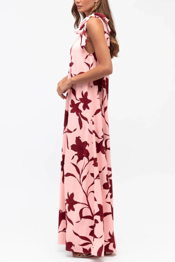Botanical Print Sleeveless One-shoulder Tie-up Casual Vacation Maxi Dress