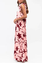 Botanical Print Sleeveless One-shoulder Tie-up Casual Vacation Maxi Dress