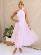 Tulle Midi Dress Halter Pleated Empire Waist Open Back Elegant Prom Dresses