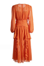 Chiffon Bishop Sleeve High Neck Ruched Waist Cascading Ruffle Tier Maxi Dress