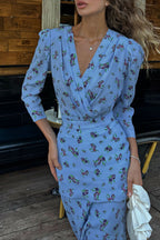 Slim Waist V Neck Elegant Floral Dress