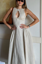 Linen Blend Button Neck Keyhole Cut Out Umbrella Hem A-Line Midi Dress