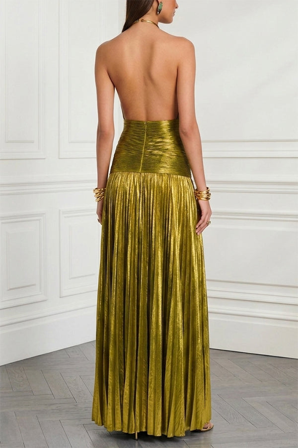 Faelina Metallic Pleated Fabric Metal Rings Halter Backless Slit Maxi Dress