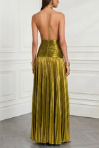 Faelina Metallic Pleated Fabric Metal Rings Halter Backless Slit Maxi Dress