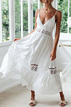 White Deep V Neck Crochet Lace Insert Button Front Ruffle Hem Midi Dress