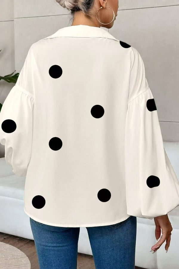 Stylish Polka Dot Print Collared Puff Sleeve Loose Shirt