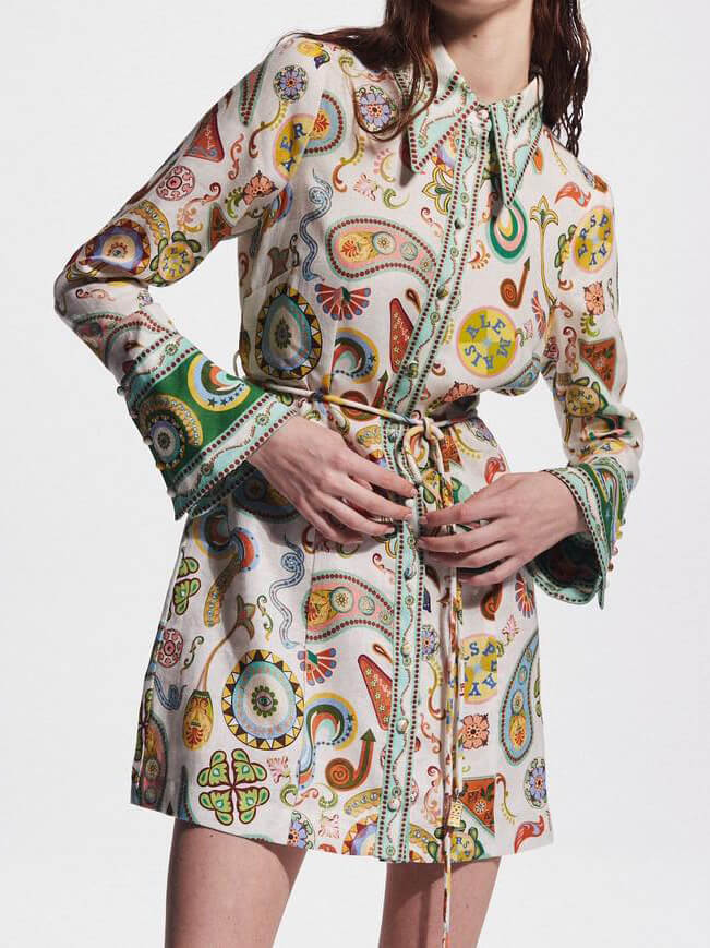 Collared Button Front Bell Sleeve Paisley Print Tie Waist Shirt Mini Dress