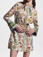 Collared Button Front Bell Sleeve Paisley Print Tie Waist Shirt Mini Dress