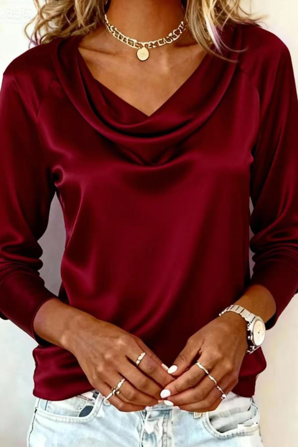 Solid Color Satin Casual Long-sleeved Draped Shirt