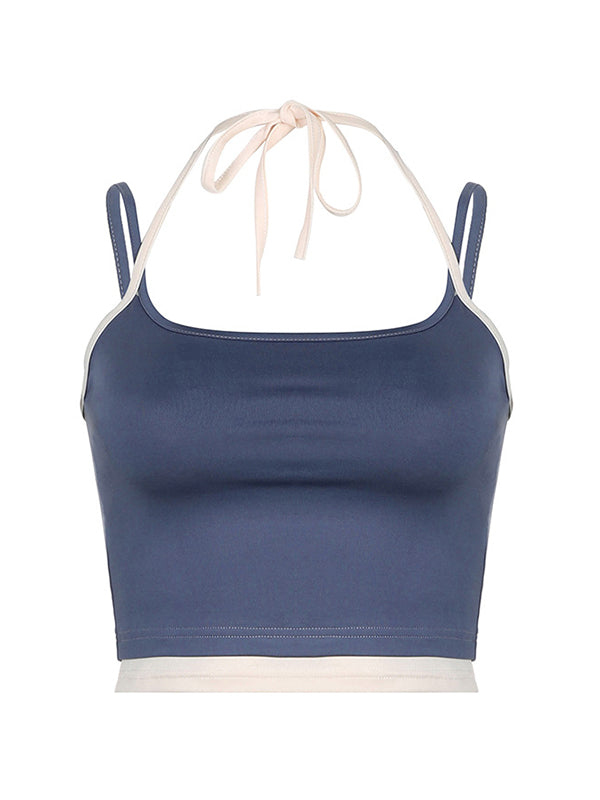 Vintage Blue Contrast Color Mock Two-Piece Camisole