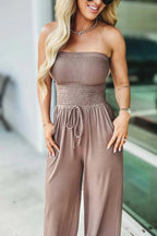 Solid Color Sleeveless Off-shoulder Pleated Loose Pocket Casual Wide-leg Jumpsuit