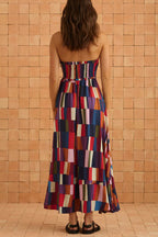 Retro Chic Linen Blend Colorful Color Block Strapless Back Smocked Midi Dress