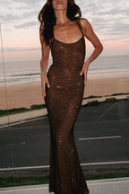 Purple Chic Midnight Fantasy Stretch Sequin Mesh Strap Open Back Maxi Dress Designer Edit