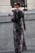 Sexy Off Shoulder Zebra Long Sleeve Maxi Dress