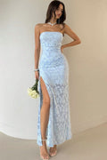 Strapless Floral Lace Side Ruched High Thigh Slit Maxi Dress