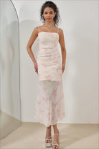 Pink Spaghetti Strap Square Neck Ruched Mesh Sheer Overlay Watercolor Floral Midi Dress