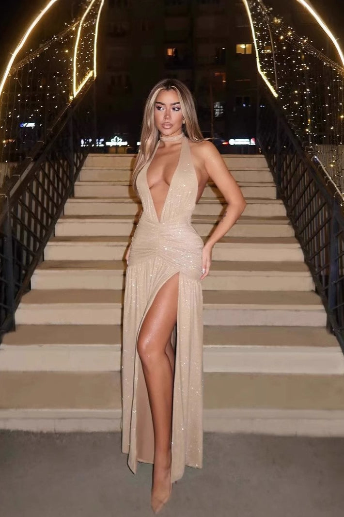 Sequin Deep V-Neck Halter Choker High Split Maxi Gown