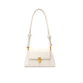 Gold Tone Buckled Flap Leather Baguette Bag - Beige