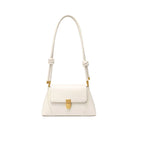 Gold Tone Buckled Flap Leather Baguette Bag - Beige