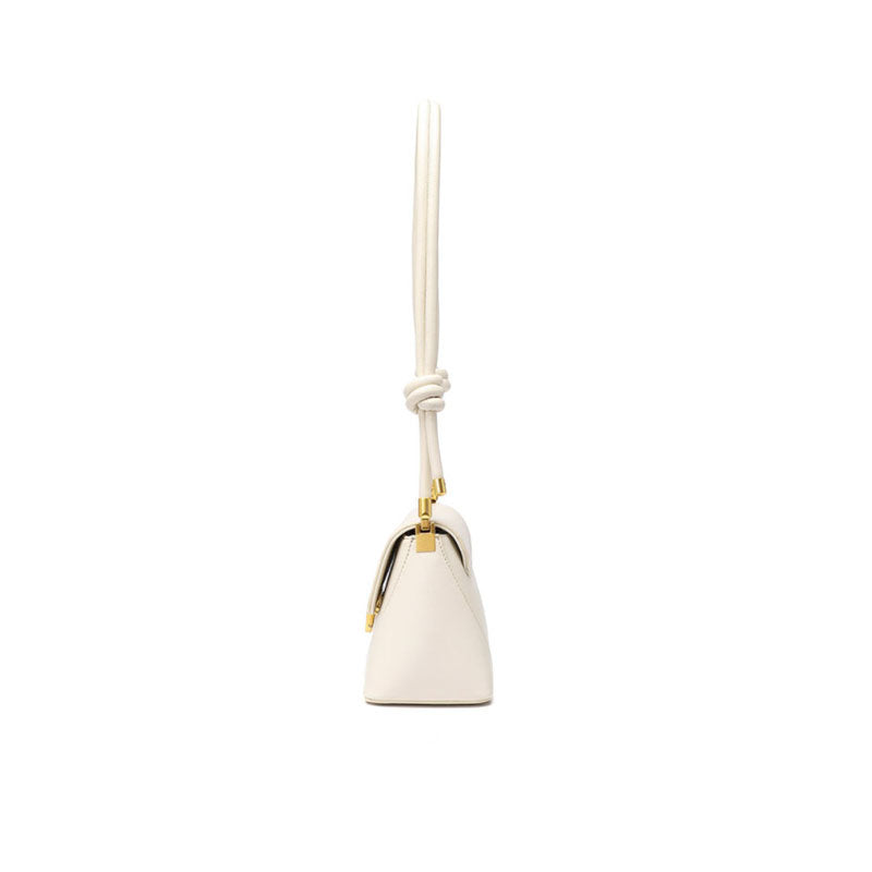 Gold Tone Buckled Flap Leather Baguette Bag - Beige