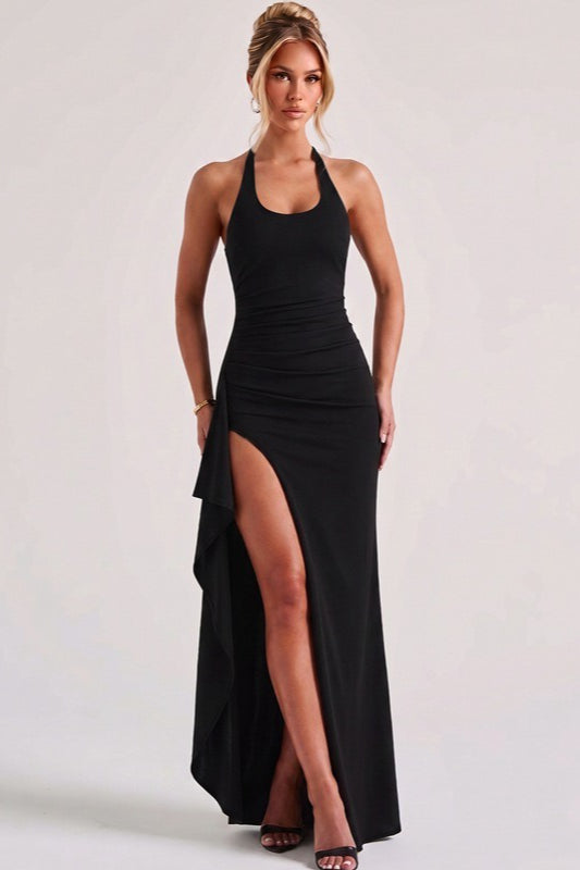 Halter Neck Scoop Neck Ruched Draped Side Slit Maxi Dress