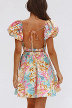 Tropical Floral Puff Sleeve Waist Cut Out Keyhole Sweetheart Mini Dress