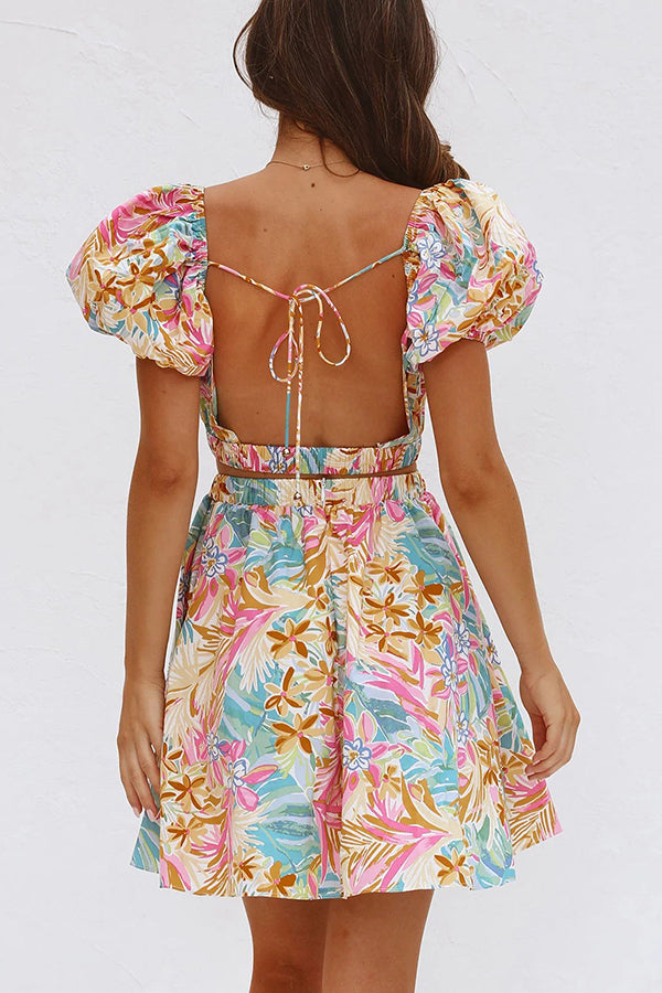 Tropical Floral Puff Sleeve Waist Cut Out Keyhole Sweetheart Mini Dress