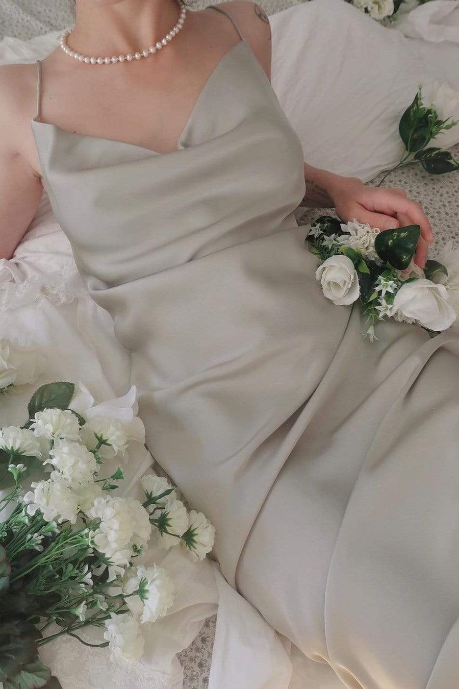Cowl Neck Spaghetti Strap Satin Slip Midi Dress