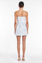 Blue Strapless Buckle Belt Toile Floral Print Bodycon Mini Dress