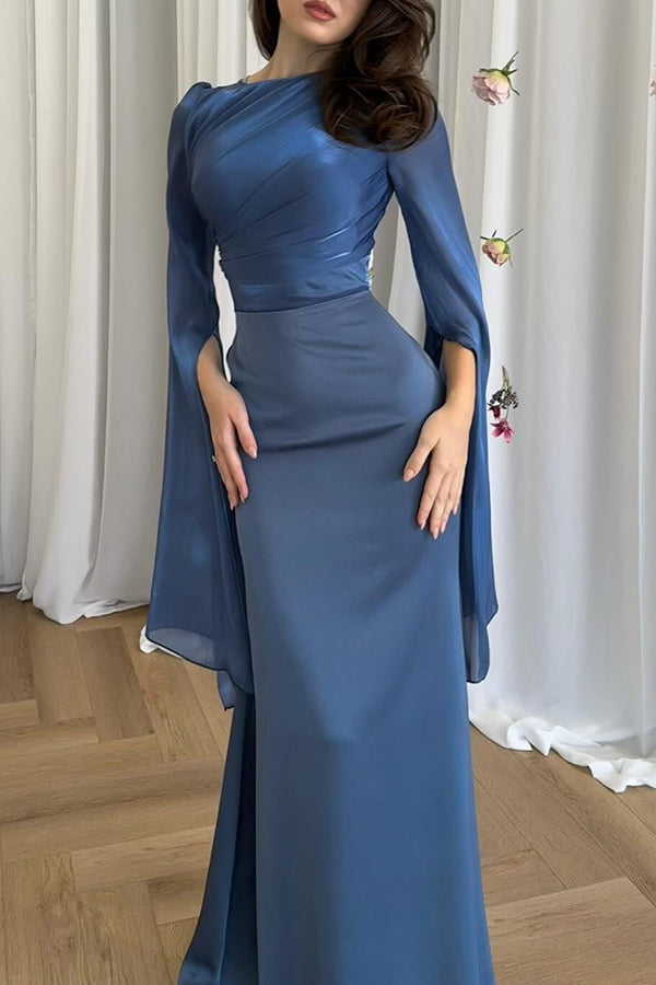 Satin Ruched High Neck Bell Sleeve Slit Mermaid Maxi Gown