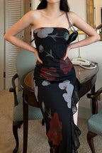 Off Shoulder Mesh Strapless Slit Slim Floral Dress