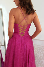 Glitter Cowl Neck Corset Bodice Spaghetti Strap Pleated High Split Pocketed Maxi Gown