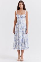 Wide Strap Sweetheart Ruched Bust Toile Floral Print A-Line Midi Dress
