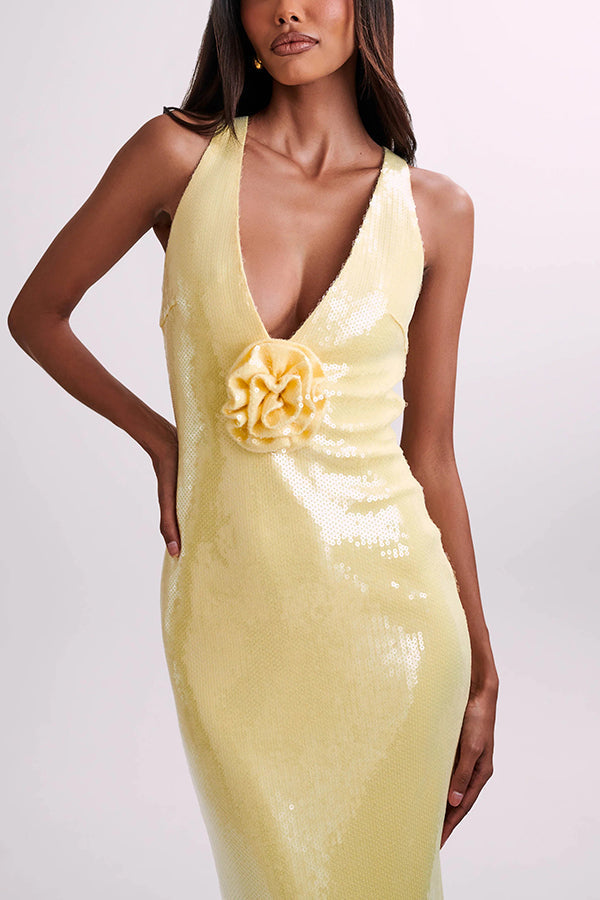 Sequin Deep V-Neck 3D Floral Applique Bodycon Maxi Gown