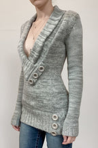 Vintage Paneled Asym V Neck Button Solid Sweater